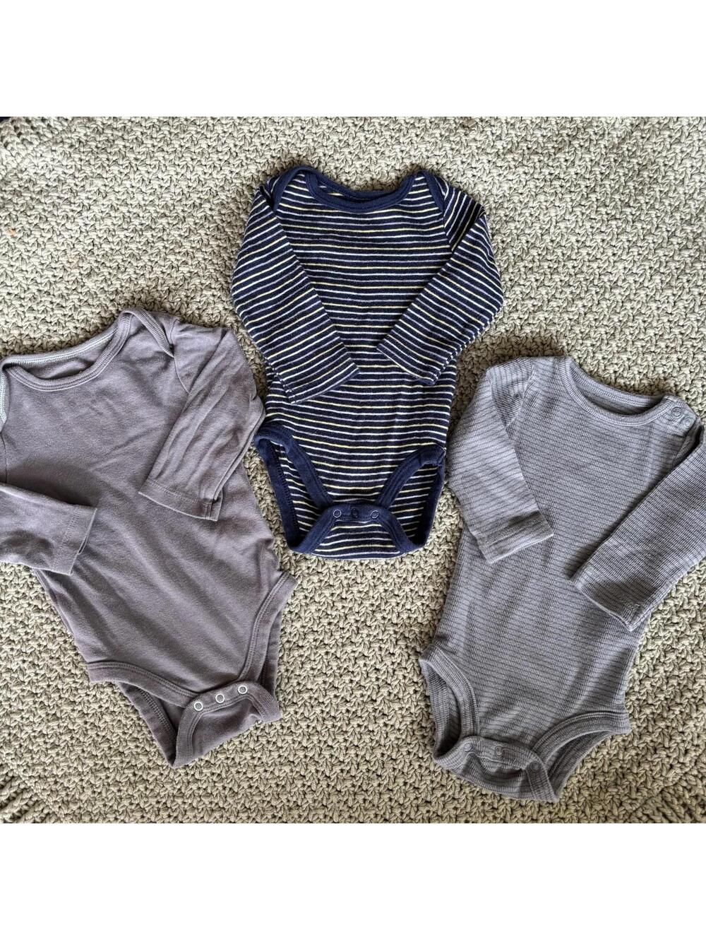 Baby Boy Clothes Lot  3-6 Mo, 3 Pieces, Long Sleeve Striped & Solid Bodysuits